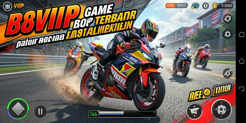 Tampilan gameplay B8VIP dengan balapan motor yang mendebarkan.