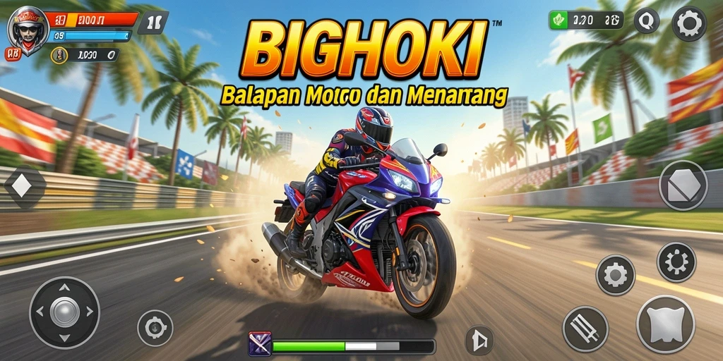 Gameplay seru BIGHOKI menampilkan balapan motor yang intens.