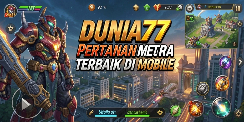 Tampilan gameplay DUNIA77 menampilkan menara yang strategis dan musuh yang menyerang.