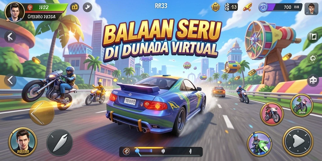 Screenshot utama RR33 menampilkan aksi balapan yang seru dan menegangkan.